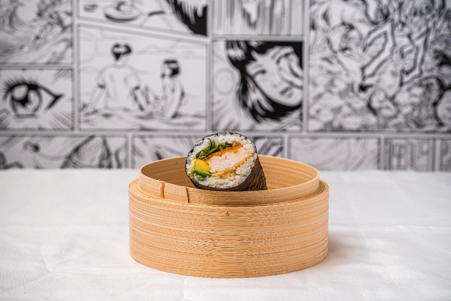 Chicken katsu avocado white rice sushi roll