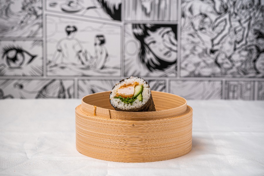 Chicken katsu cucumber white rice sushi roll