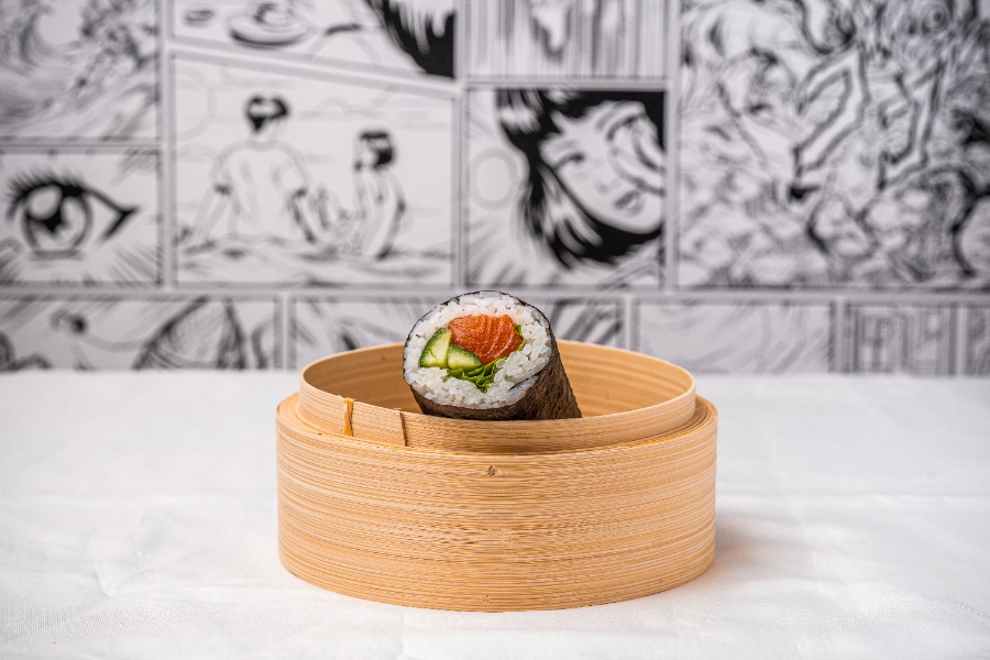 Salmon cucumber white rice sushi roll