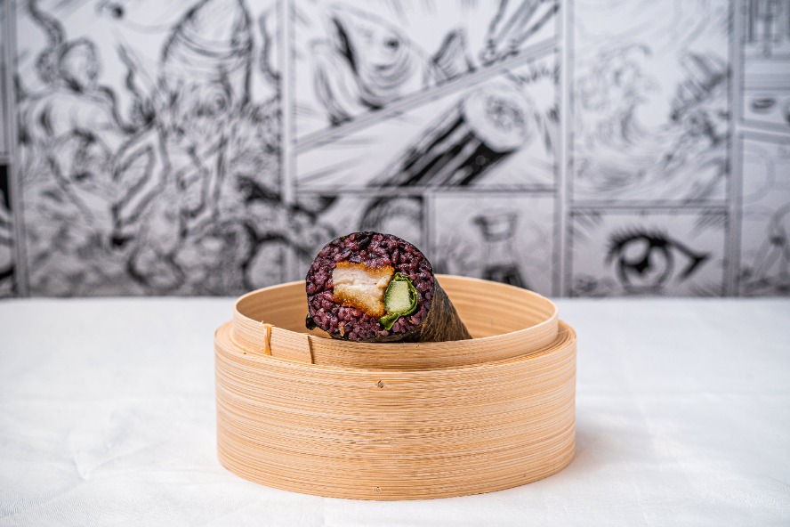 Chicken katsu cucumber black rice sushi roll