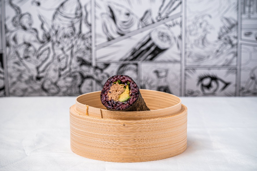 Cooked tuna avocado black rice sushi roll (GF)